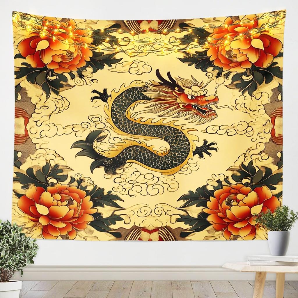Chinese Dragon Tapestry, Black Dragon with Red Peony and Butterfly Print Wall Hanging for Bedroom, Living Room Decor