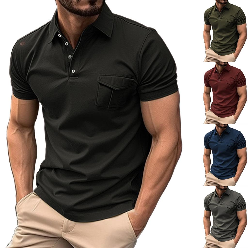 Herrenhemd Lockeres Freizeithemd Kragen Tasche Kurzarm Pullover Sport