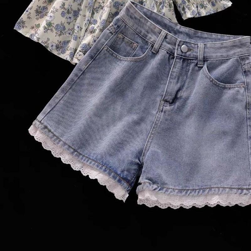 

Adorable Summer Floral Print Short Sleeve Shirt And Stylish Denim Shorts Set For Girls Pants,110cm/43.31in