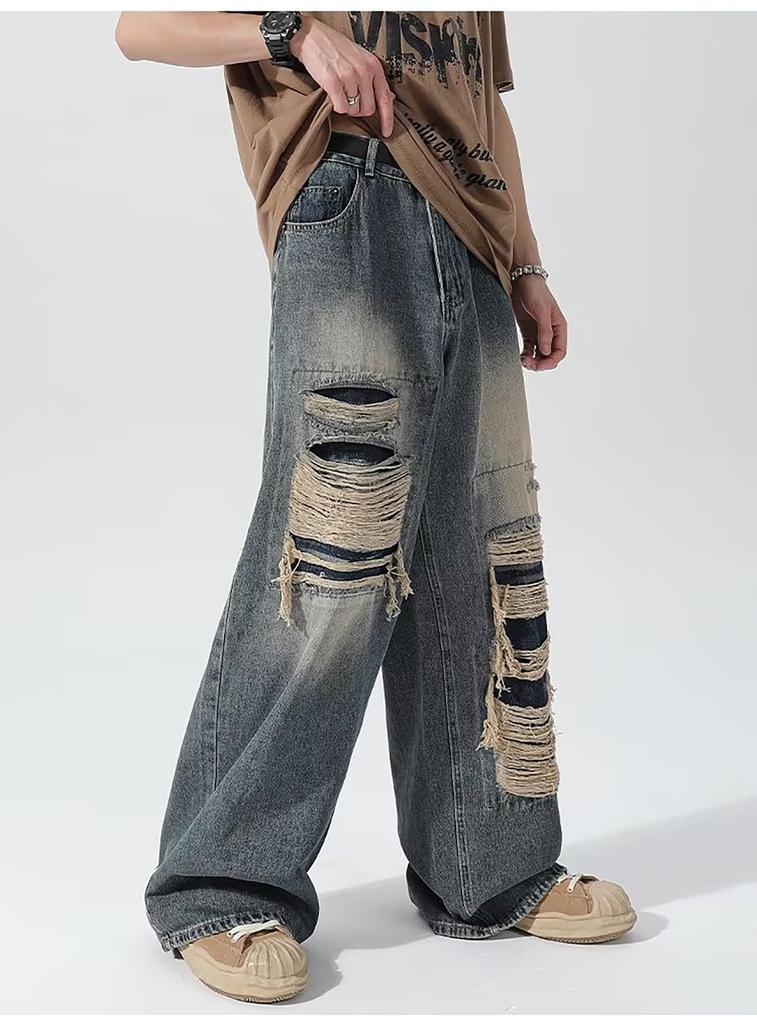 MMTYRM Men's Wide-Leg Denim Pants, Loose Fit, Stretch Goose-Eye Denim Pants, Stylish Jeans with Distressed Finish, Available in Plus Sizes, Blue, XL