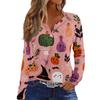 Women's Halloween Print V-Neck T-Shirt with Decorative Buttons Long Sleeve Casual Top