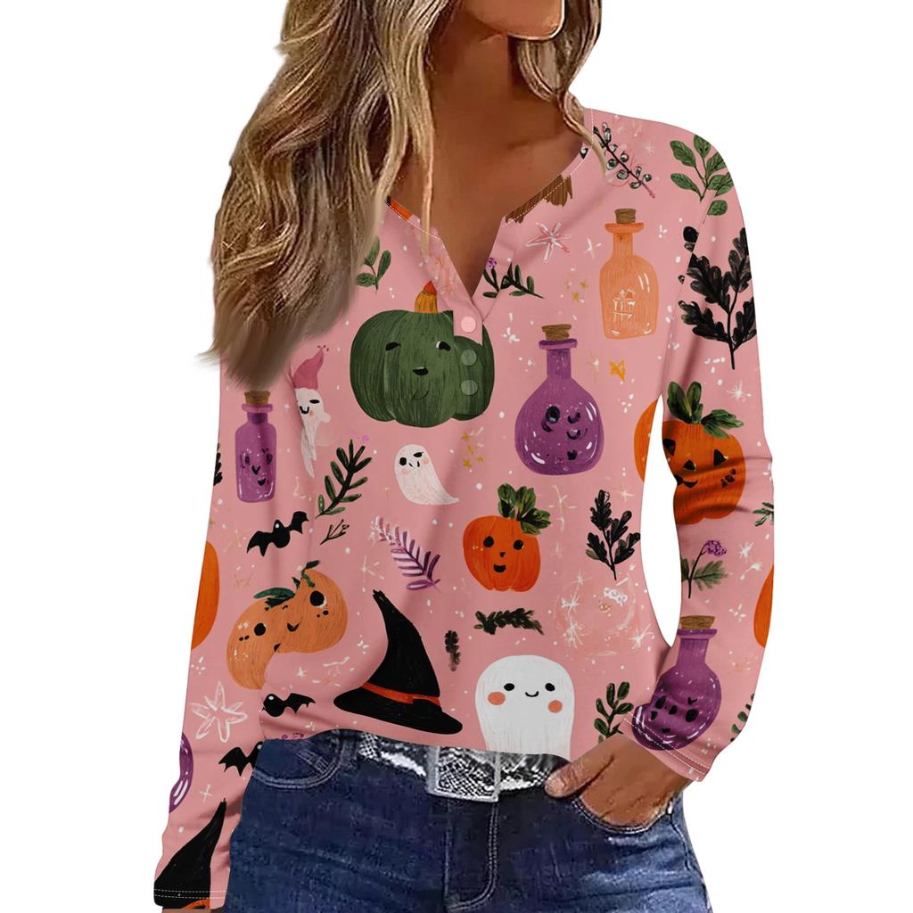Women's Halloween Print V-Neck T-Shirt with Decorative Buttons Long Sleeve Casual Top