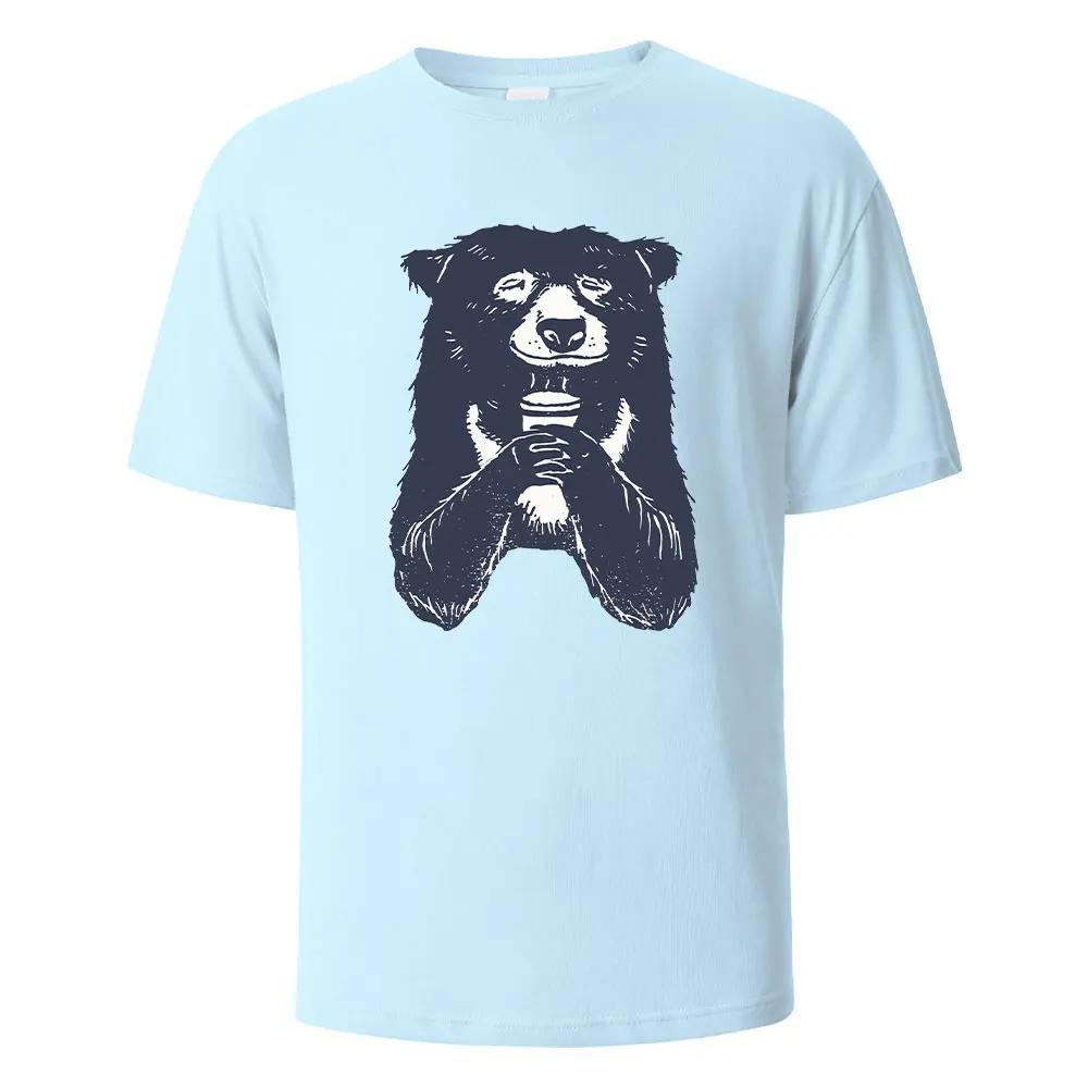 T-shirt à Imprimé Ours Buvant T-shirts d'Été Pour Hommes Femmes 100% Coton Col Rond Surdimensionné Décontracté Manches Courtes Streetwear Haut Basique