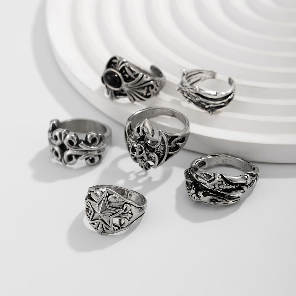 6Pcs Antique Silver Open Ring Set Male, Hip Hop Diablo Exaggerated Ring Accessories Gift