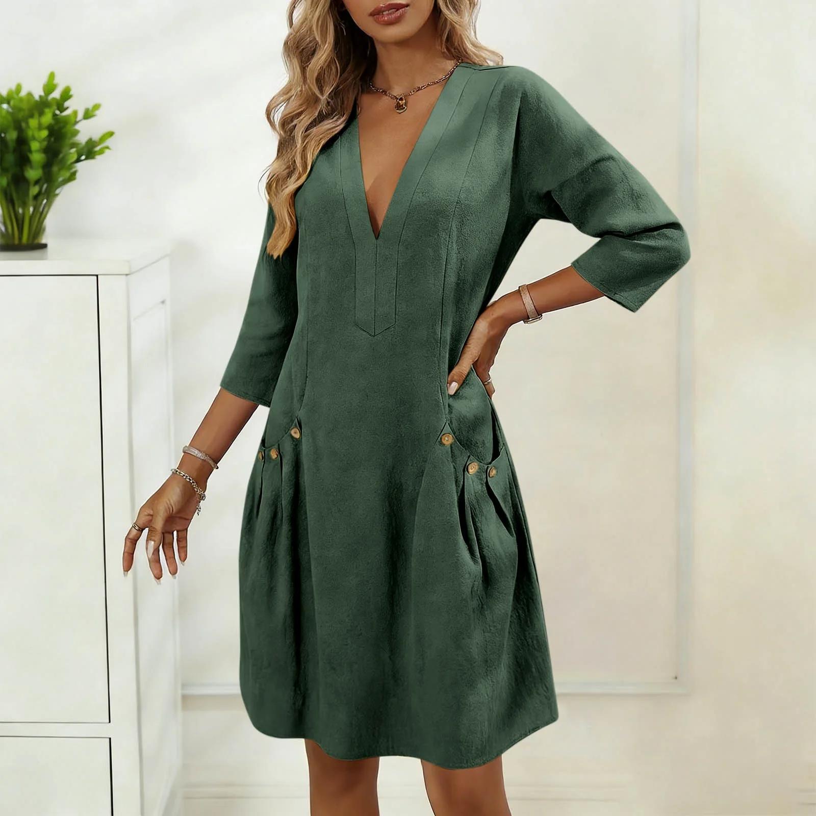 Women’s Fashion Casual Plain-Coloured Cotton-Linen V-Neck Button-Up Three-Quarter Sleeve Dress With Side Pockets L