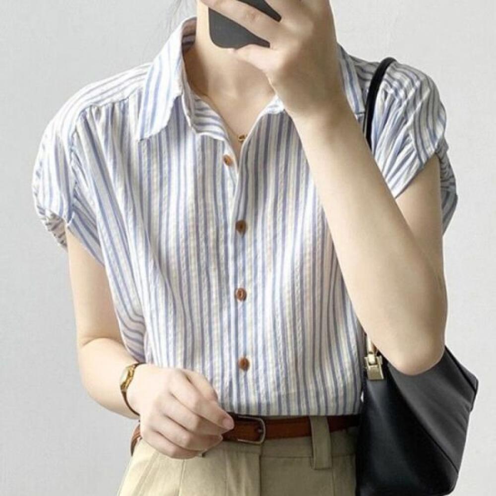 Navava Women Casual Stripe Cap Sleeve Shirt Nb2742