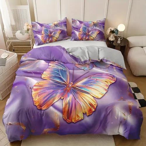 Light Luxury Purple Butterfly Duvet Cover Queen King Size Feature Digital Print Bedding Set Soft And Comfortable 3 Pcs No Quilt