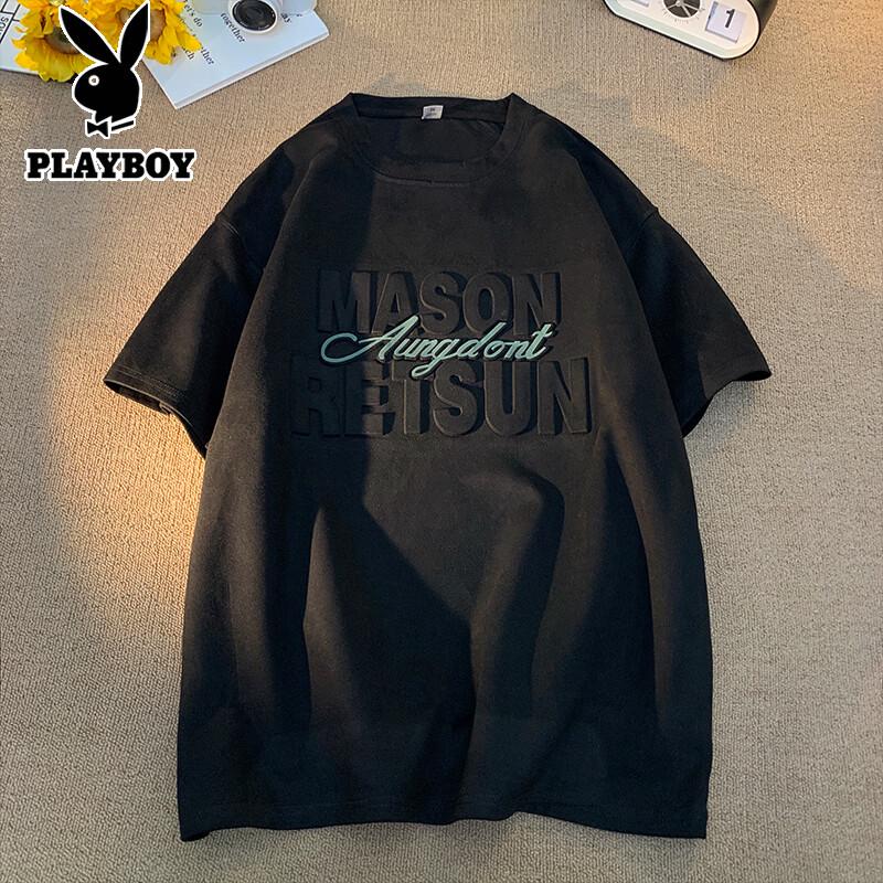 PLAYBOY Men s Suede-Effect Distressed Letter Loose Short Sleeve T-Shirt L