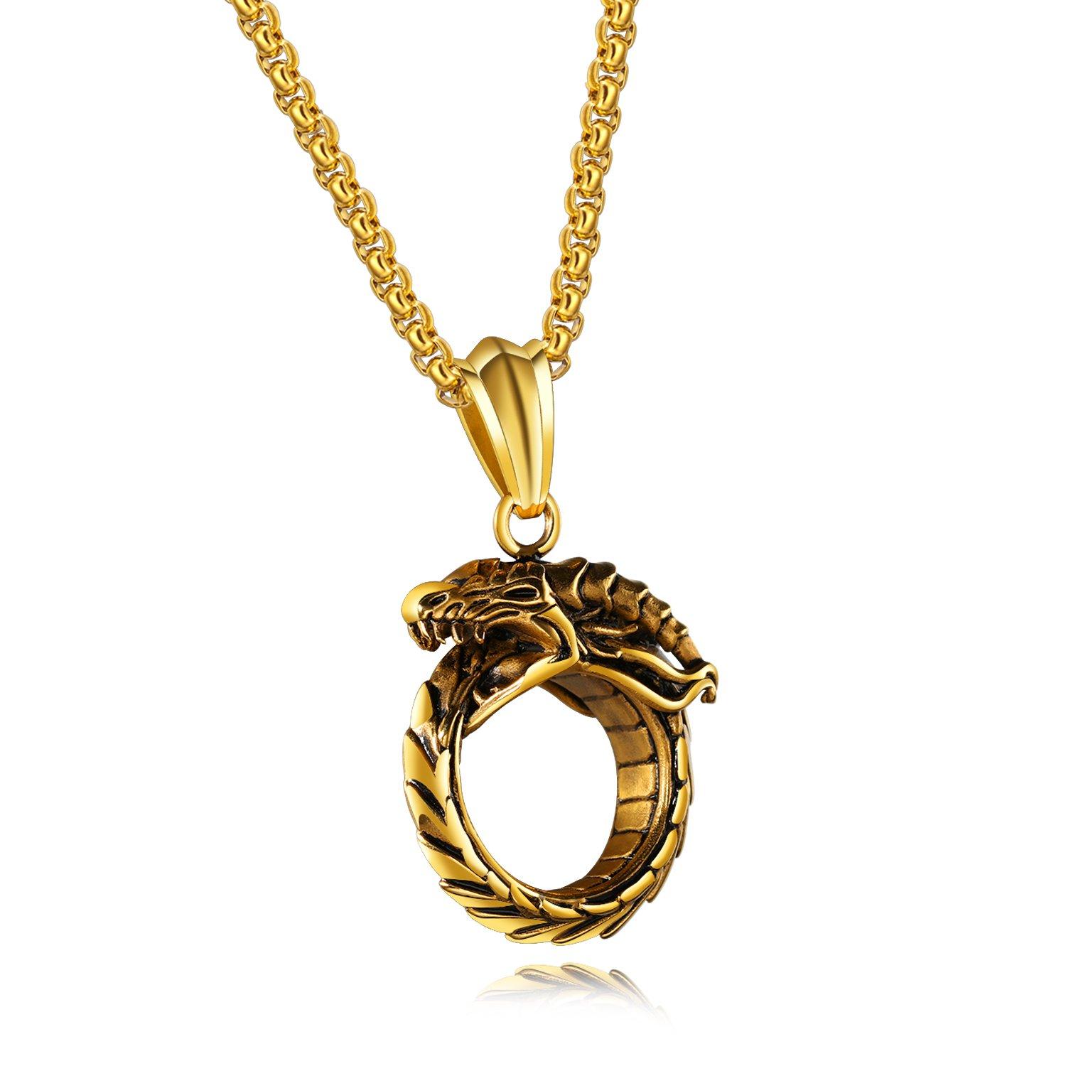 

Rockyu Gold Dragon Stylish Round Ouroboros Dragon Titanium Antique Style Fashion Accessory Men s Necklace, Pendant, Ring, золотий