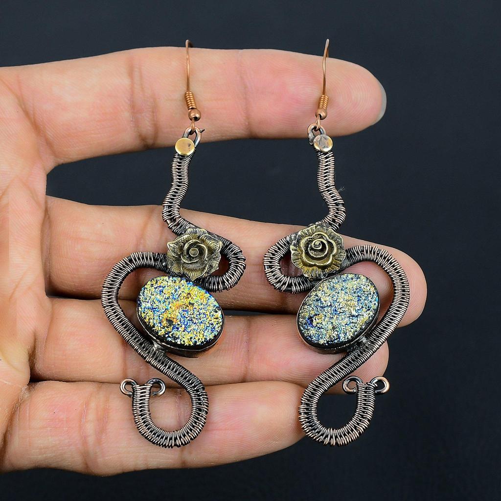 Titanium Druzy 999 Copper Wire Wrapped Earrings, Handmade Gemstone Earrings Jewelry, Gifts For Wife Brand New Earrings