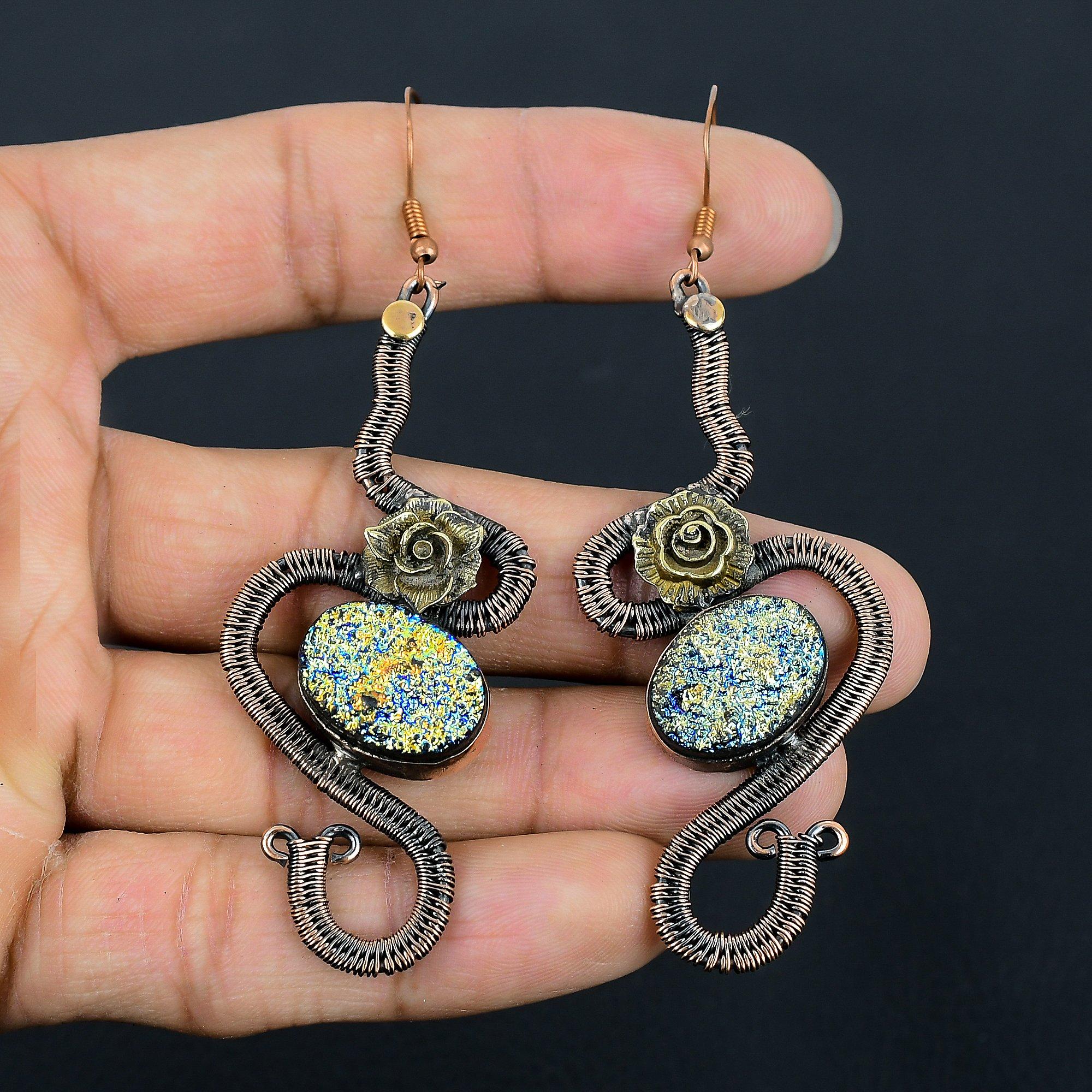 

Титановые друзы, серьги, обмотанные медной проволокой 999 пробы, серьги с драгоценными камнями ручной работы, ювелирные украшения, подарки для жены, совершенно новые серьги 2.55 Inches