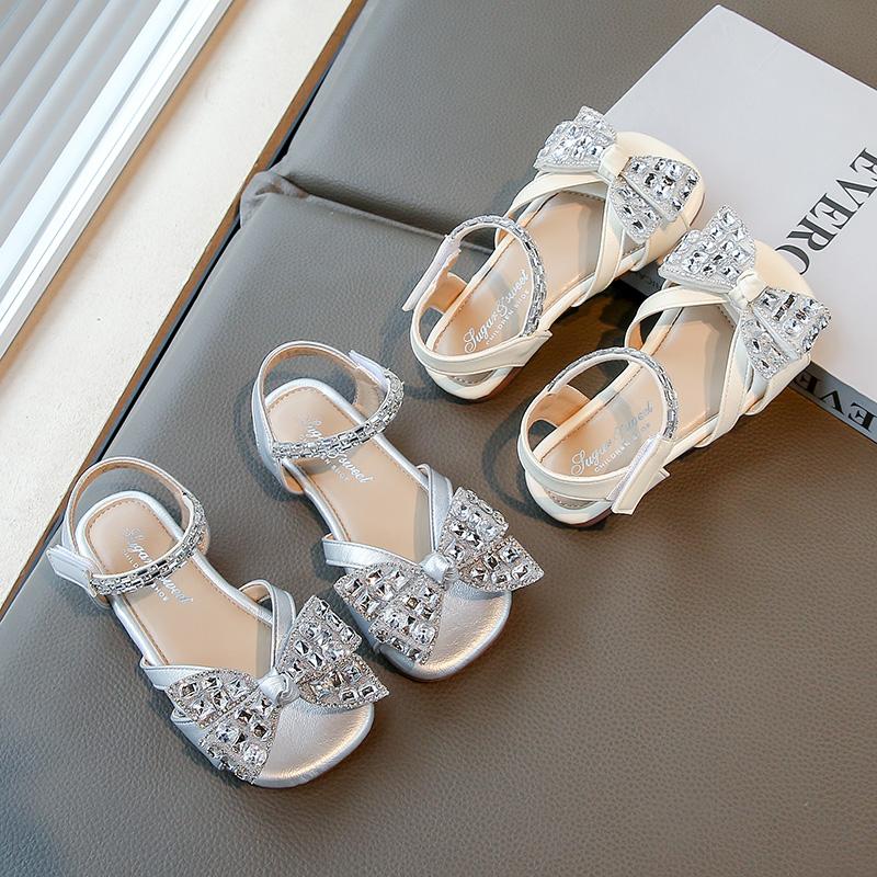 Girls Beach Shoes Open Toes Shiny Crystal Kids Sandals Non-slip Soft Sole 2025 Summer New Kids Princess Shoes Elegant Hook&loop