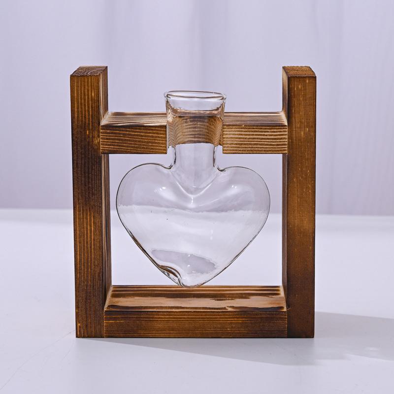 Creative Wooden Frame Heart Shape Hydroponic Small Vase Green Pineapple Plant Glass Bottle Bonsai Container Home Desktop Decor