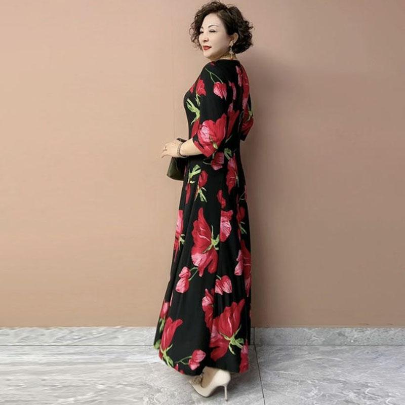 Summer Women's V-Neck Floral Casual Dress Ice Silk Linen High Elastic Long Dress A-Line Plus Size Dress