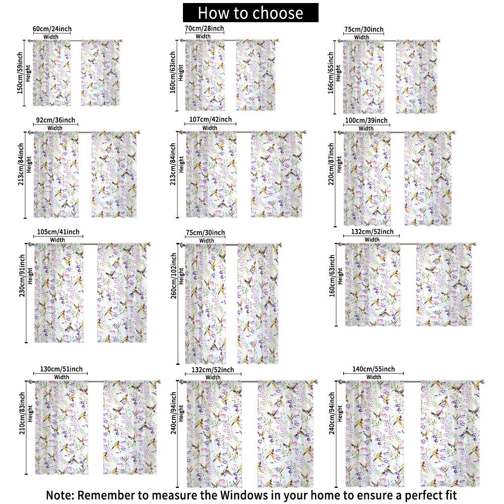 2Pcs Rod Pocket Curtain Light Block Privacy Drape Living Bedroom Hummingbird Floral Print Window Curtain For Home Decor