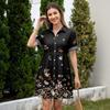 Women’s Casual Loose Fit Shirt Dress Button Down Stand Collar Short Sleeve Relaxed Tunic Dress with Geometric Print