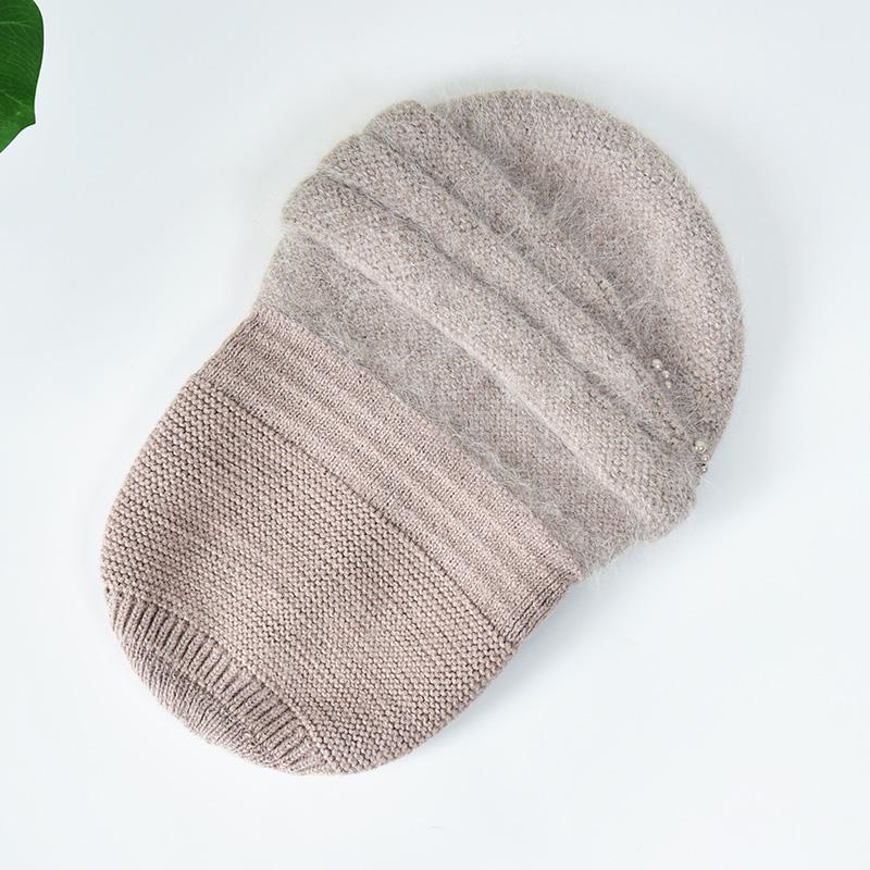Winter Angora Wool Knitted Beanie for Elegant Ladies Custom Warm Skull Hats With Pearls Middle-Aged Women Rabbit Wool Hats
