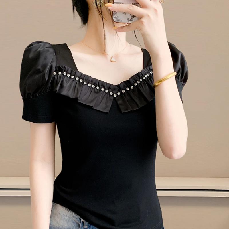 Fashion Summer Ladies Cotton T-shirt Elegant Short Sleeve Women Brand Top Shirts Chic Sexy Square Neck Ruffles Hot Diamonds Tees