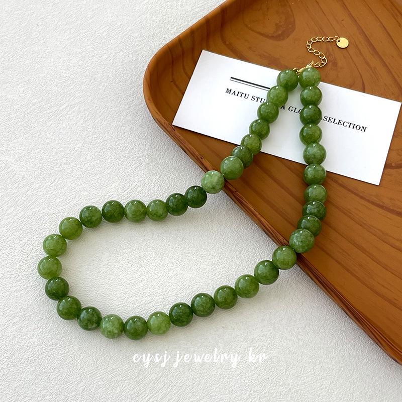 Cui Yan Sterling Silver Green Agate Beaded Necklace for Women - Brightening Spring/Summer Clavicle Chain