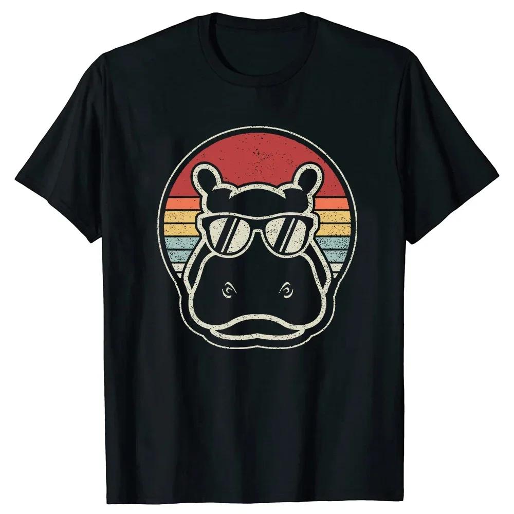Clothing Casual Basic T-shirts Retro Vintage Hippo Hippopotamus Sunglass Tee Tops Round Neck Short-Sleeve Fashion T Clothing