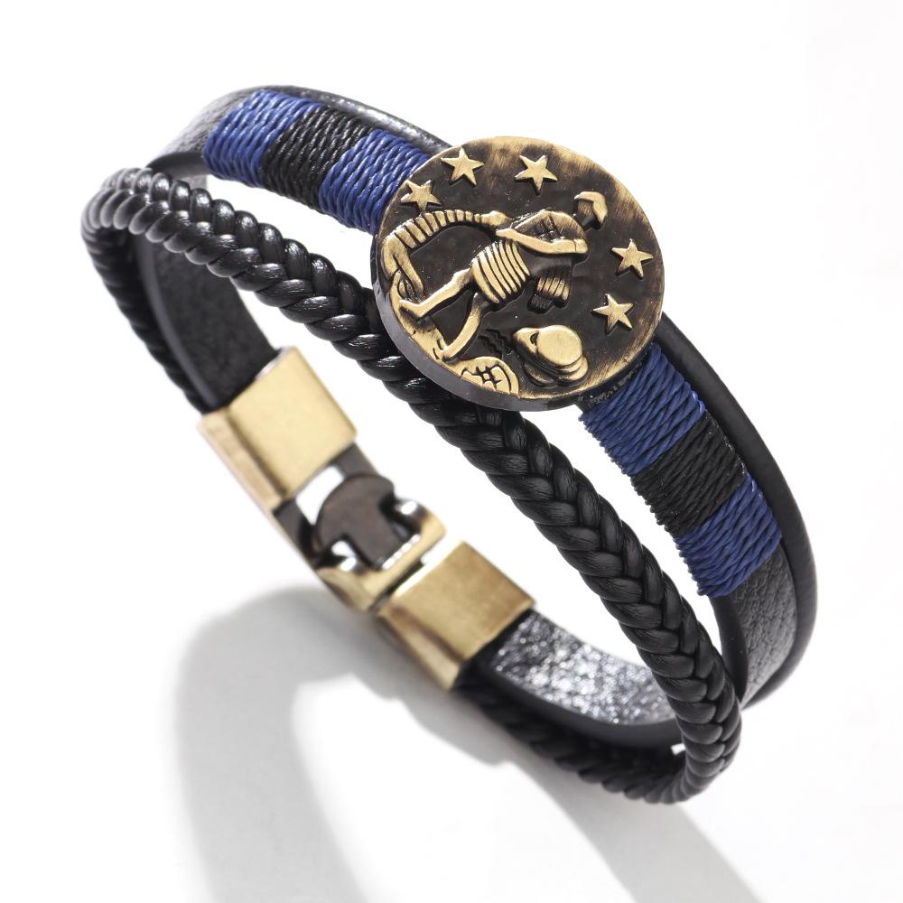 JMXD 12 Zodiac Punk Style Studded Leather Bracelet Hand-Woven Rope Zodiac Band Fashion Accessory Unisex Gift