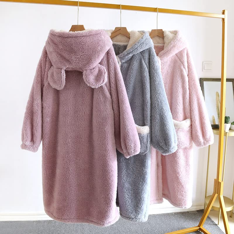 MiniZaru Fluffy Wearable Thick Fleece Long Cute and Plus Winter with Ear Hood Women's Blanket, Loungewear, Pajamas, Lined, Sleeves, Warm, Sizes, Wear,