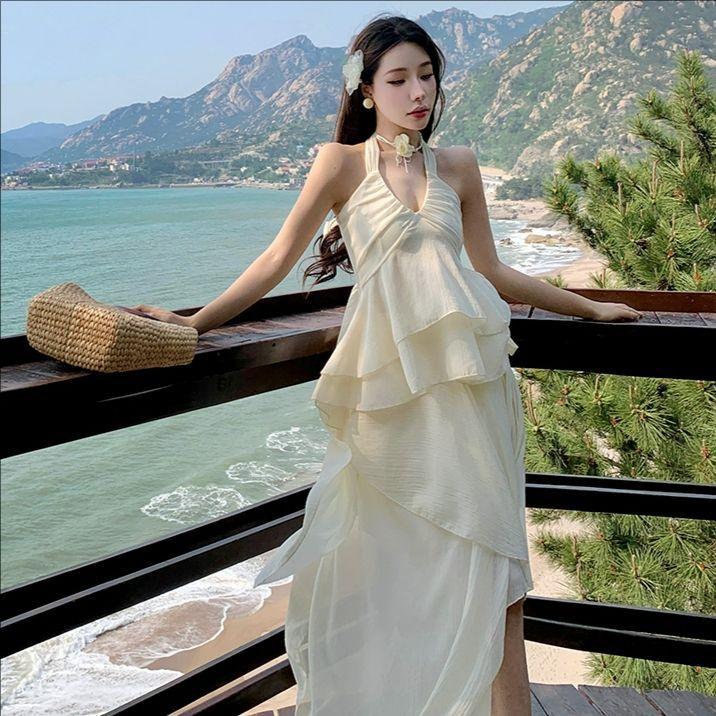 Fairy Suit, Summer Super Fairy Temperament, Seaside Vacation Dress, French Gentle Wind Irregular Neck Sling Skirt