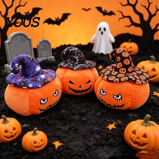 Decorative Pumpkin for Sofa Halloween Plush Toy, Cute Wizard Hat Stuffed Animal Pillow Soft Polyester Figure Bed, Spooky Home Decor Ornament Party And