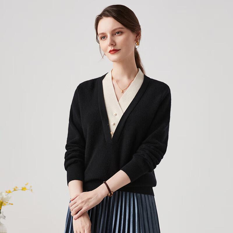 Zhaojun Faux Two-Piece Cashmere V-Neck Sweater