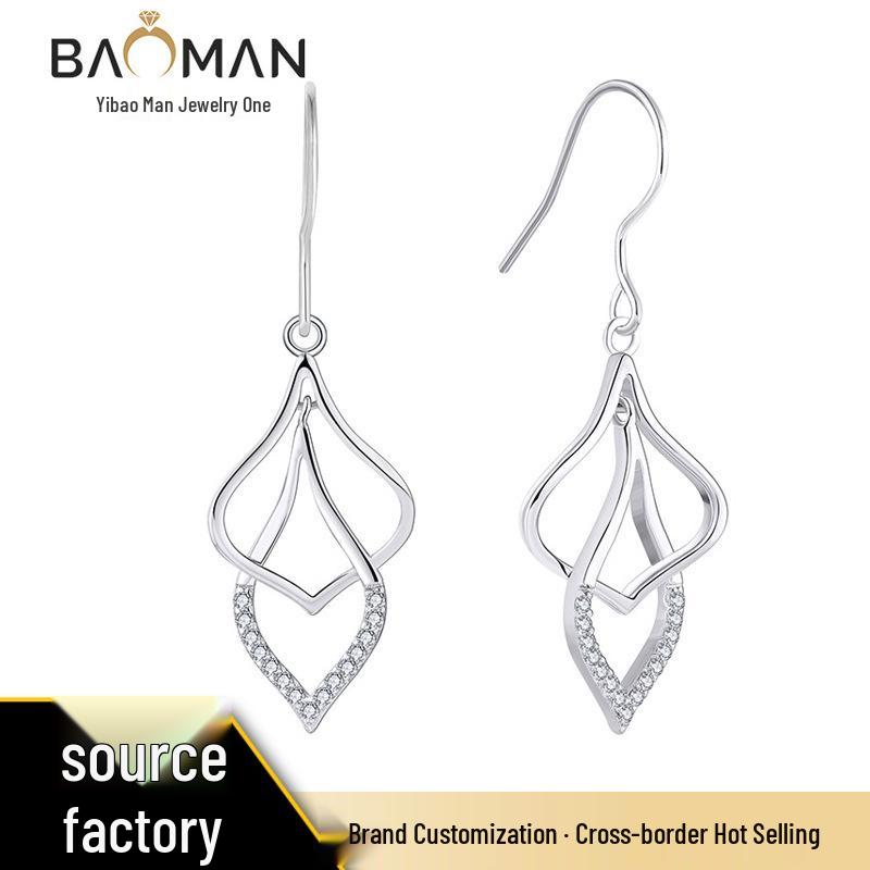 S925 Sterling Silver Geometric Diamond Dangle Earrings with Ear Cuff 925 Silver белый