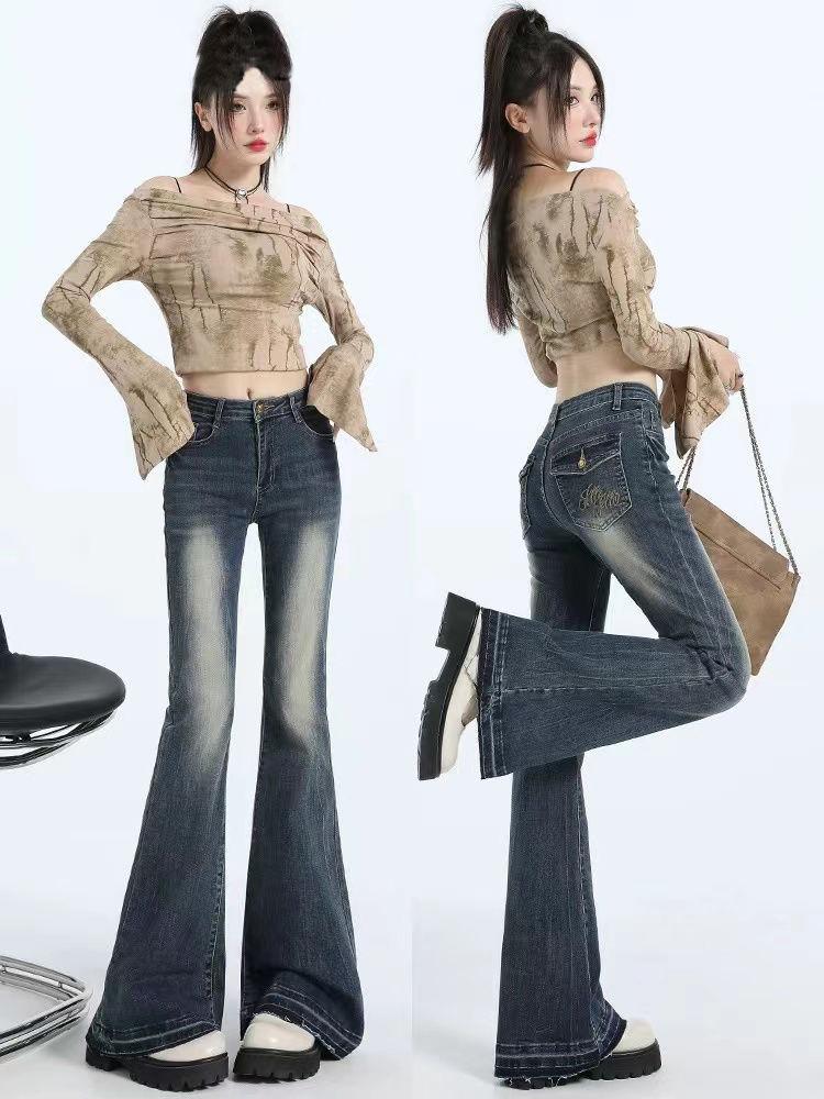 

Ретро Синие Джинсы Микро-клеш с Завышенной Талией и Дизайном с Необработанным Краем для Похудения для Женщин - Весна и Осень Small