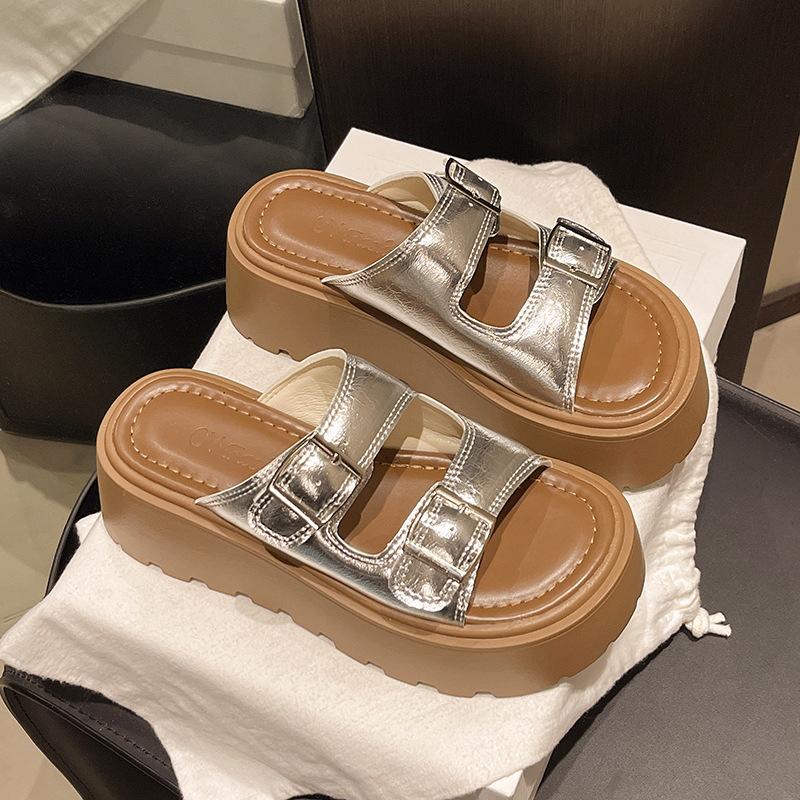 Fashion versatile platform shoes women's summer outer wear beach shoes retro double buckle with new one-word slippers