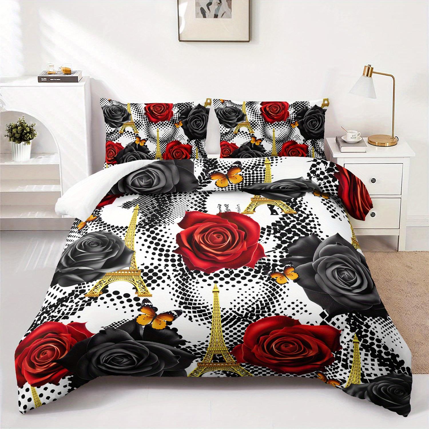 

3pcs Paris Eiffel Tower Roses Bedding Duvet Cover Set Romantic Rose Bedding Quilt Set Parisian Themed Bed Quilt Set Luxury (135x200cm)