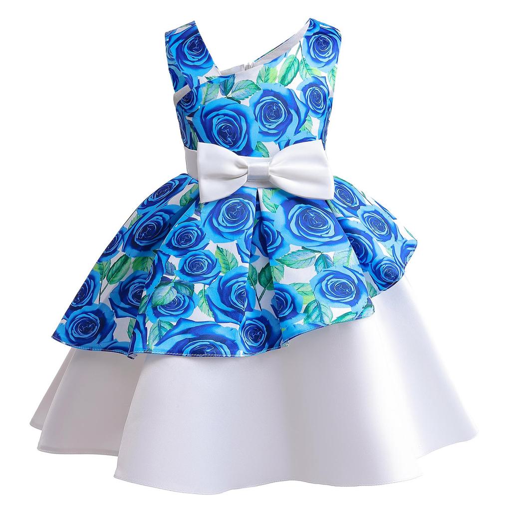 2024 European & American Rose Print Girls' Asymmetrical Shoulder Princess Dress