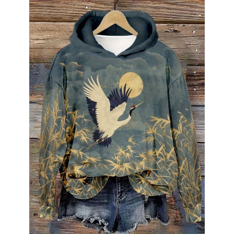 Japan Elegant Crane Moonlight Art Print Long Sleeve Hoodie Loose Women's Hoodie