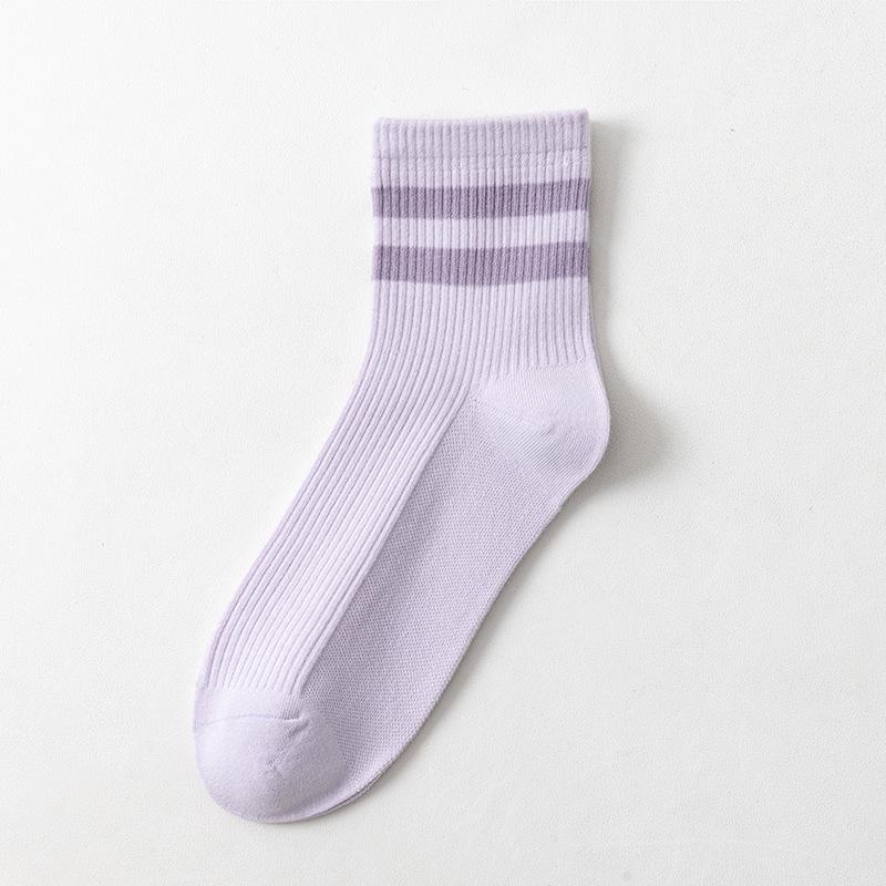 Women's Solid-color Cotton Socks, Mid-calf Socks, Breathable, Antibacterial, Deodorizing Striped, Versatile Sports Women's Socks