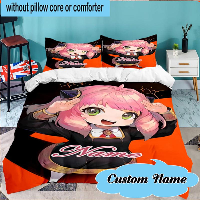 Custom Name 3PCS Pink Hair Anime Anya Bedding Set Including 1pc Duvet Cover And 2pcs Pillowcases for Bedroom, Dormitory Gift Home Decor