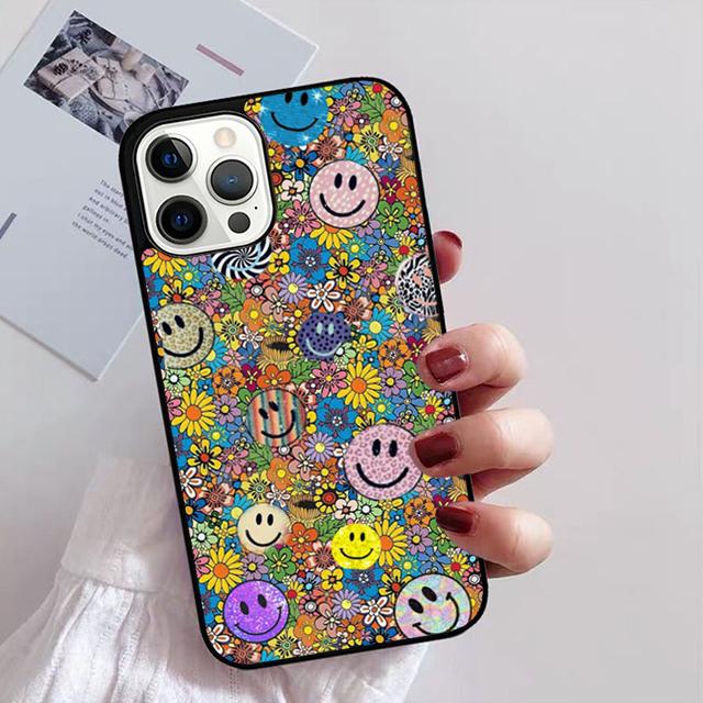 Trippy Happy Face Hippie Indie 90-tal Y2K Mobilskal för iPhone 11 12 13 14 Pro Max mini XR XS SE 2020 6 7 8 Plus Samsung S21 S22