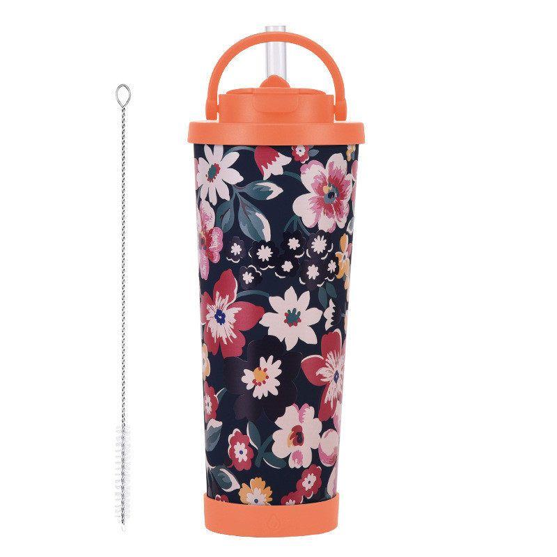 New 830ml Large-Capacity Thermos Cup with Convenient Handle, Dual-Use Drinking Cup, Large-Hole Printed Straw Cup Indigo Blue Type B 830ml