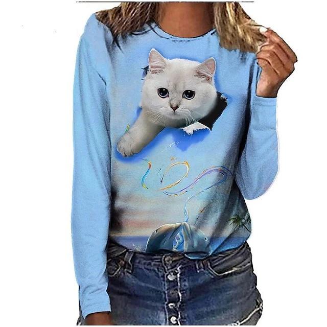 

Женские футболки с круглым вырезом, с 3D-принтом кошачьего узора, повседневные, с длинным рукавом - Мягкая полиэстеровая ткань средней эластичности, одежда для весны и осени, свободного кроя 5XL