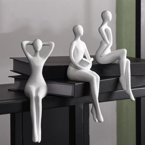 3 szt. Rzeźba do czytania z żywicy, Statua siedzącego myśliciela, Abstrakcyjna figurka kobiety na półkę na książki do domu, biura, salonu, półki, dekoracja biurka