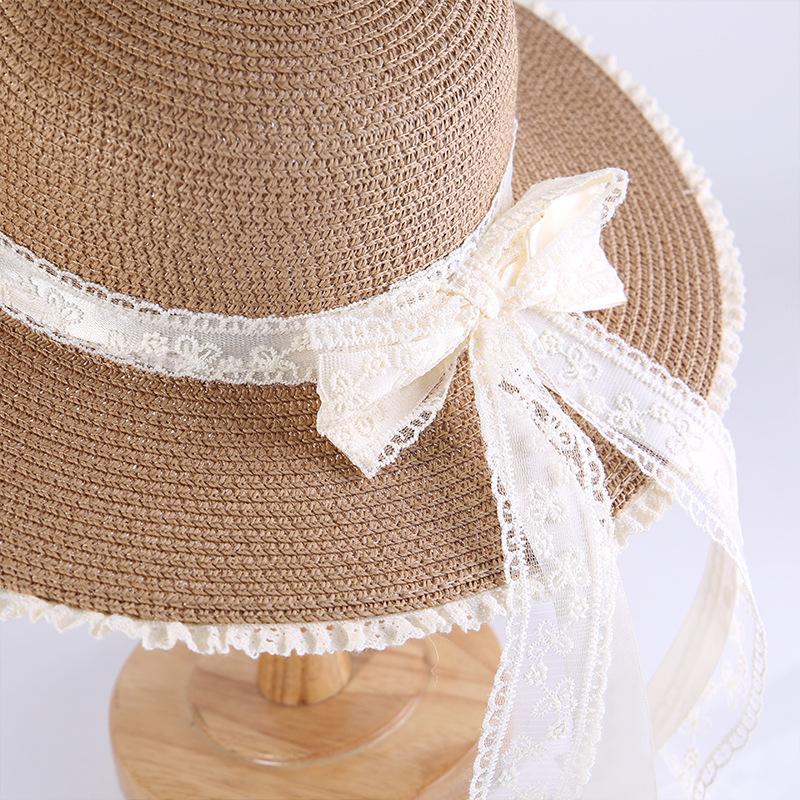 Damen-Strohhut mit Spitzen-Schleife, Sommer-Strandurlaub, Sonnenhut mit UV-Schutz