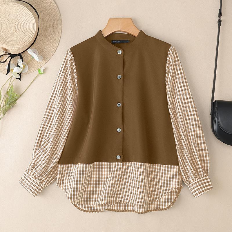 ZANZEA Damen Freizeit Rundhals Karomuster Patchwork Langarm Bluse