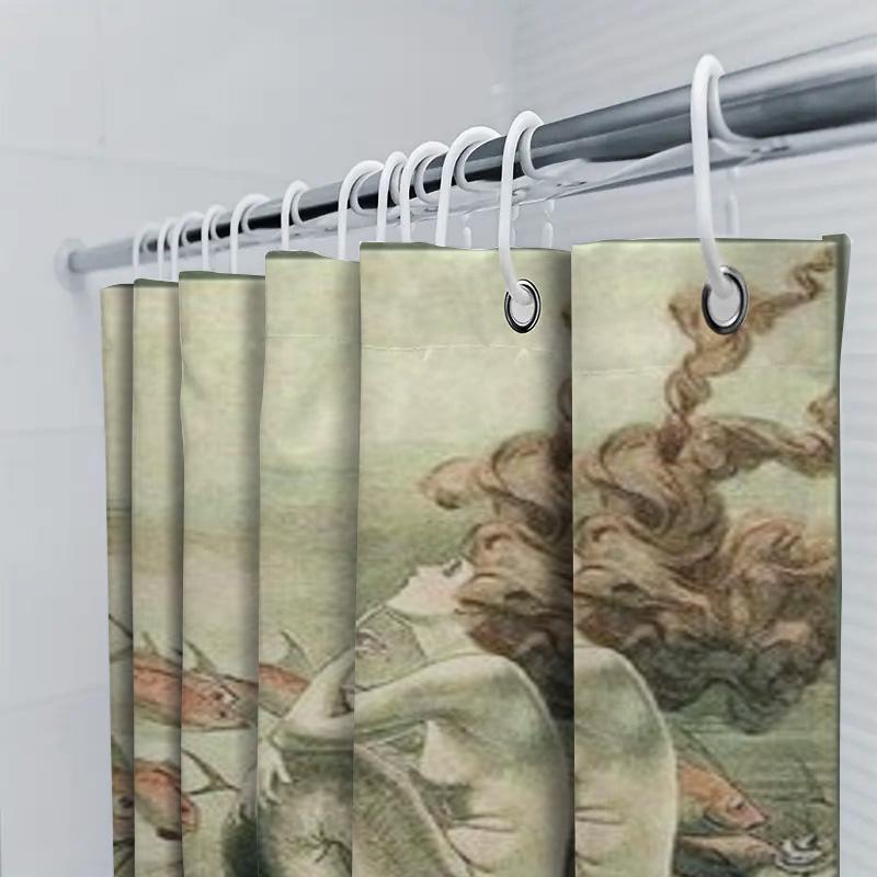 Vintage Mermaid Shower Curtain With Fish Design Waterproof Fabric Decor For Bathroom