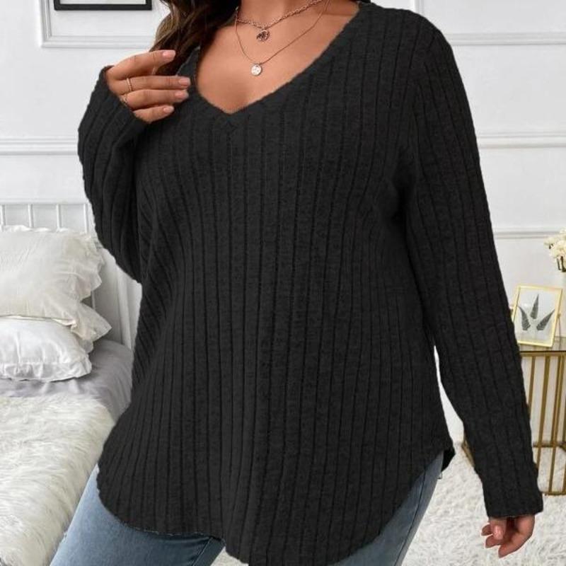 EastRogue Women's Fashion Casual Solid Color Print Autumn Winter Long Sleeve V-Neck Loose Frosted T-shirt with Pit Stripes Sweaters