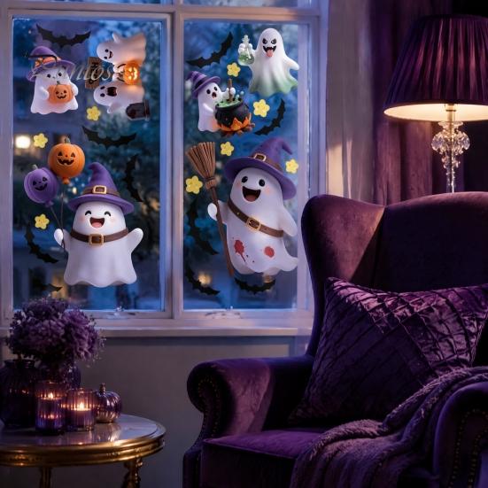 Shop Window Displays 2Pcs Cute Ghost Halloween Static Stickers, PVC Waterproof Cartoon Pumpkin Bat And Holiday Party Supplies Star Glass Decals,
