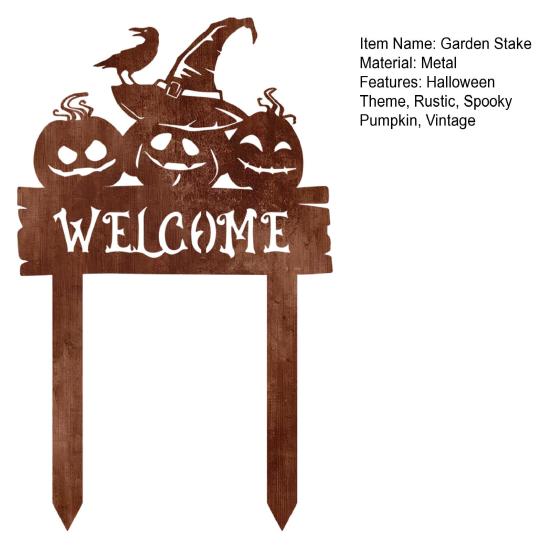 Halloween Landscape Accents Rusty Metal Pumpkin Garden Stake, Spooky Evil Face Welcome Yard Sign, Silhouette Stakes Outdoor Decorative Lawn