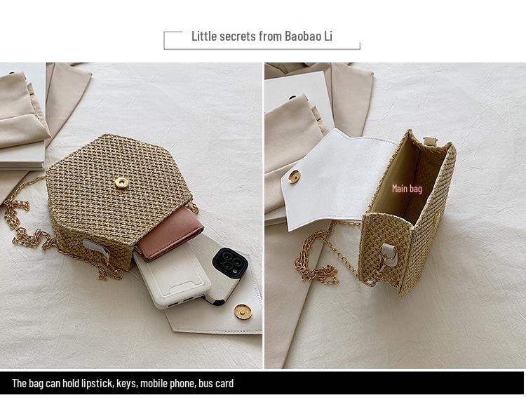 Korean Style Trendy Woven Hexagonal Women's Straw Crossbody Bag with Tassel Chain