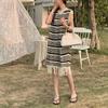Striped Knitted Sweater Sleeveless Long Skirt Summer Vest Lazy Style Bottoming Up with Suspender Tassel Dress