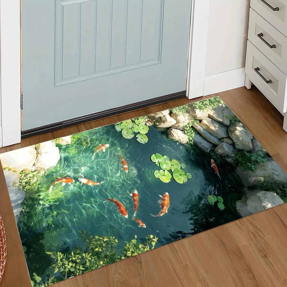 Żywy Wzór Stawu z Karpiami Koi Wycieraczka Realistyczne Karpie Koi z Liśćmi Lotosu Design ze Skałkami Mata Podłogowa do Wystroju Wejścia do Domu